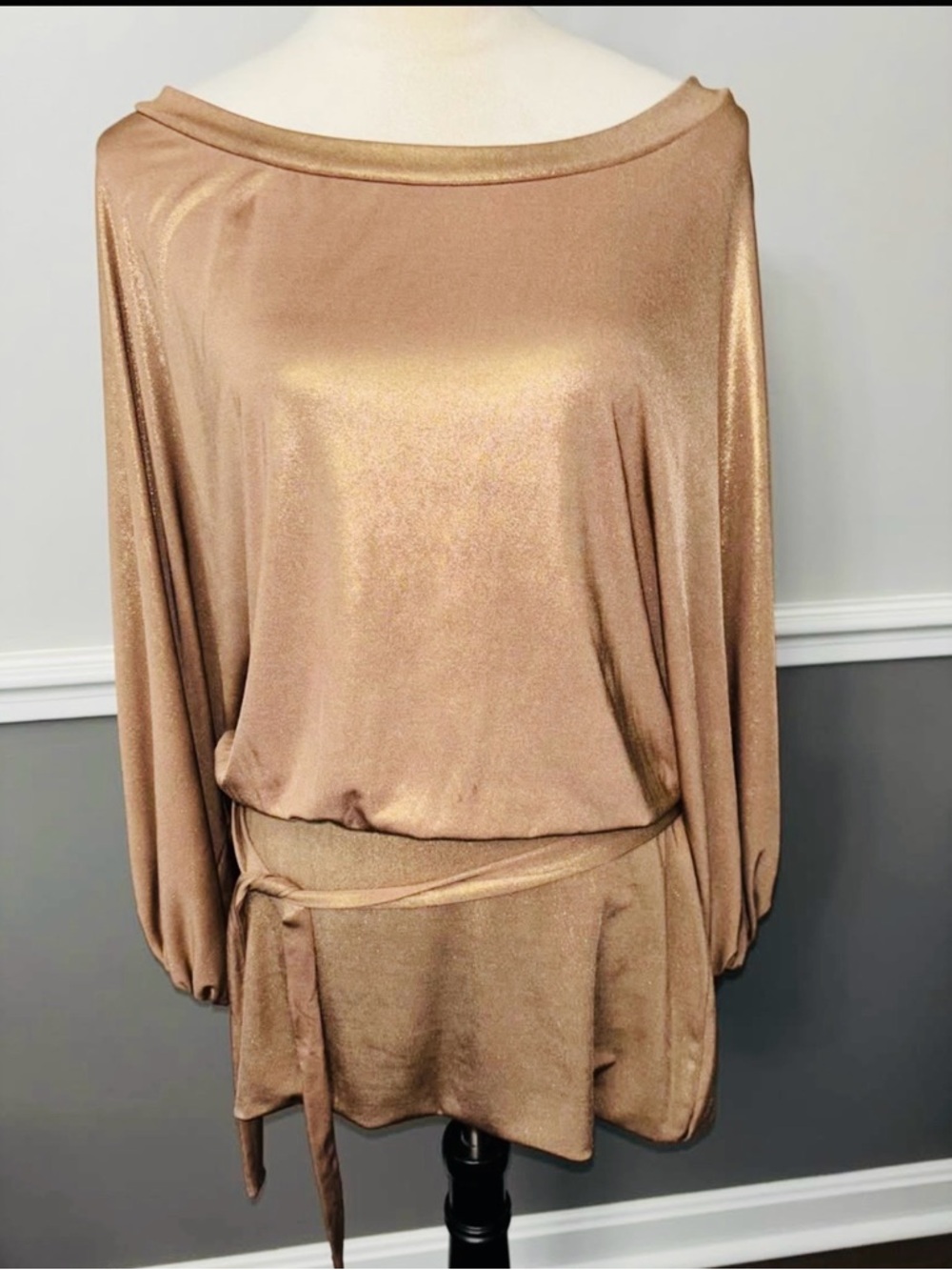 Bisou Bisou Metallic Champagne Blouson Waist Tunic